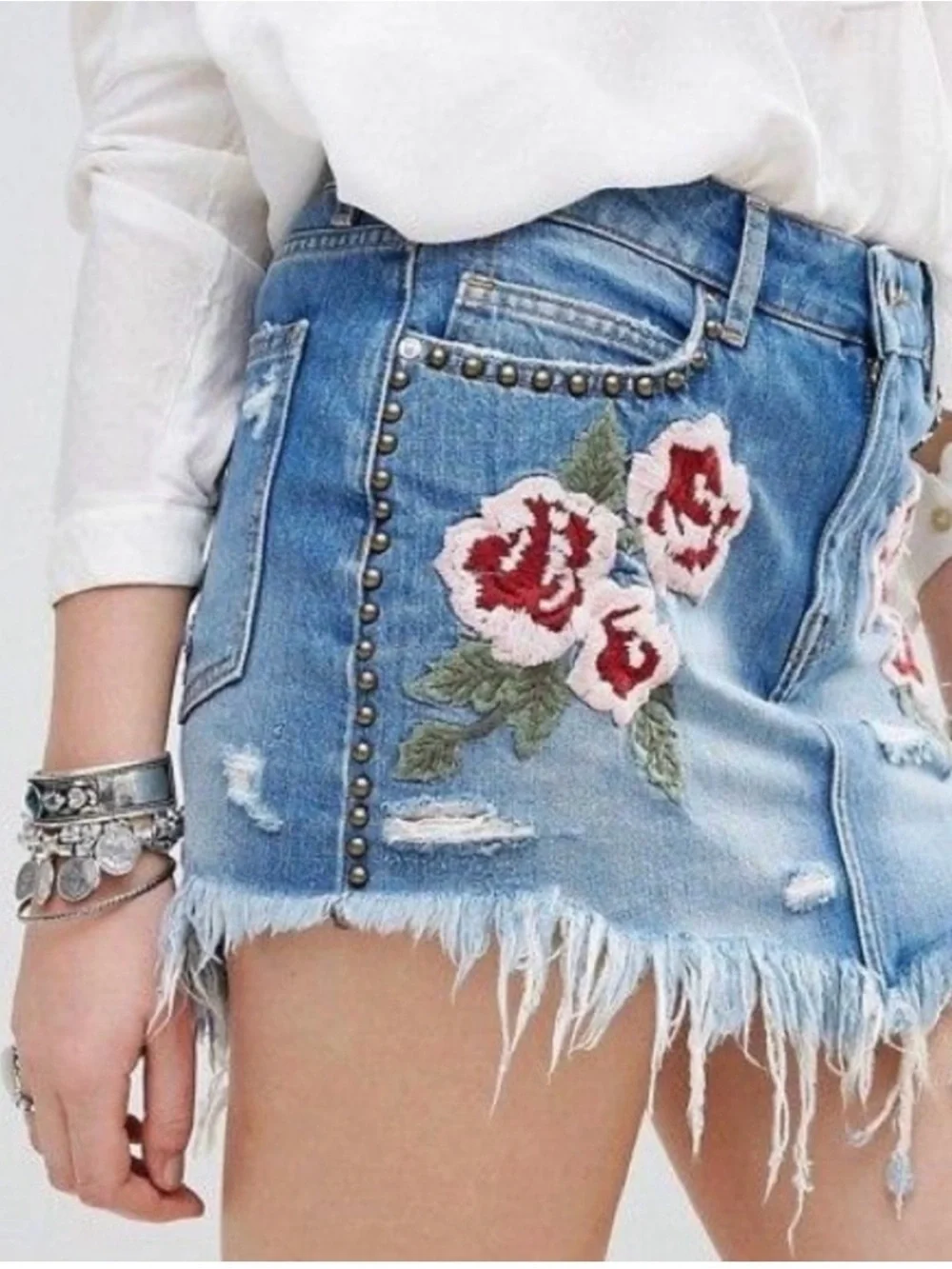 Free People Embroidered Floral Denim Mini Skirt